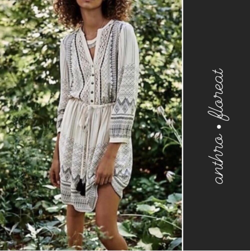 Anthropologie floreat pierre midi dress black and ivory with tassels size 2